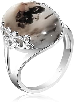 DALEGEMGenuine Rare Yemeni Agate Ring for Women Girls,White Moss Agate Gemstone Ring,S925 Sterling Silver Edged with Flower Vine Genuine Quartz Crystal Gemstone Turkish Ring Jewelry Gift for Her