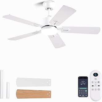 42 inch Modern White Ceiling Fans with Lights APP/Remote Control, Low Profile Reversible 6 Speeds Ceiling Fan Light for Indoor/Outdoor Patio Bedroom Living Room