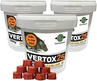 Rat Poisoning Blocks Mouse Bait Blocks Single Feed Rodent Killer Block Max Strength Fast Acting All Weather Bait Block 3 Tubs (VERTOX OKTABLOK ll- 300g).