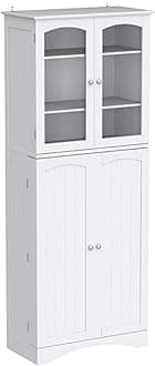 Gizoon 64" Kitchen Pantry Cabinet, Tall Storage Cabinet with Glass Doors and Adjustable Shelves, Freestanding Floor Cabinet Cupboard for Kitchen, Living Room, Dining Room (White)