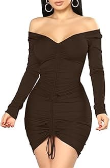XXTAXN Women's Sexy Elegant Long Sleeve Off The Shoulder Ruched Mini Dress Coffee