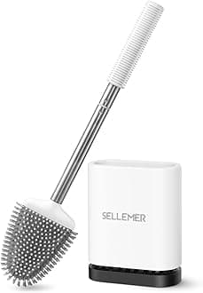 SellemerToilet Brush and Holder Set for Bathroom, Flexible Toilet Bowl Brush Head with Silicone Bristles and Stainless Steel Handle, Compact Size for Storage and Organization, Ventilation Slots Base