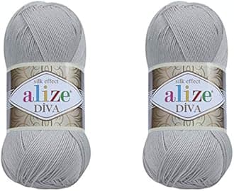 Alize Diva Yarn Hand Knitting Yarn 100% Microfiber Acrylic Yarn Alize Diva Silk Effect Thread Crochet Art Lace Craft Lot of 2 skeins 200gr 767 yds (355-Grey)