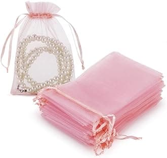 HRX Package 100pcs Blush Pink Organza Gift Bags, 4 x 6 inch Candy Mesh Drawstring Bags Jewelry Pouches for Christmas Wedding Baby Shower Party