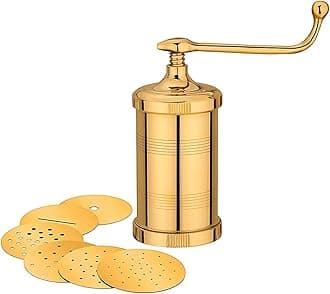 - KTS Pure Brass Sev Sancha Machine with Free 6 Different Jali for Making Different Types of Sevaiya, Sev, Gathiya Murukku, Chakli, Bhujia Etc
