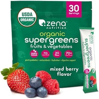 Zena NutritionOrganic Super Greens Powder, 70+ Superfoods, 0 Sugar, 3G Fiber, Spirulina, Chlorella, Antioxidants, Prebiotics/Probiotics, Digestive Enzymes, Mixed Berry, 30 Drink Mix PacketsUSDA Organic
