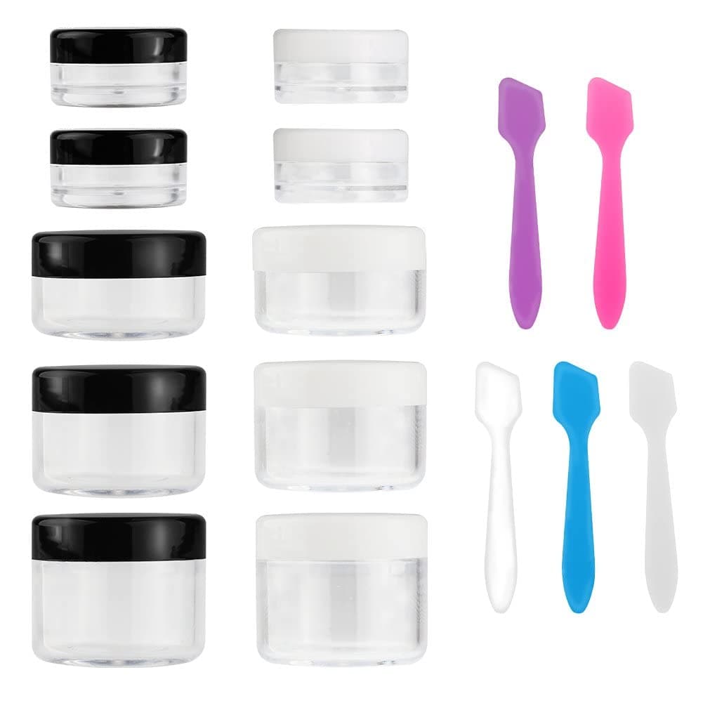 Accmor 10 Pieces Empty Clear Plastic Sample Containers with Lids 3/ 5/ 10/ 15/ 20 Gram Size Cosmetic Pot Jars with 5 Pieces Mini Spatula(random color)