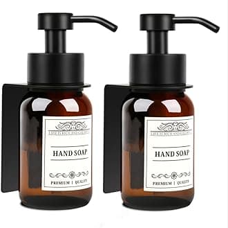 8.5oz Glass Soap Dispenser 2 Pack - Shampoo,Conditioner and Dish Soap Dispenser with Pump,Wall Mount Holder and Waterproof Labels for Kitchen and Bathroom (Brown)