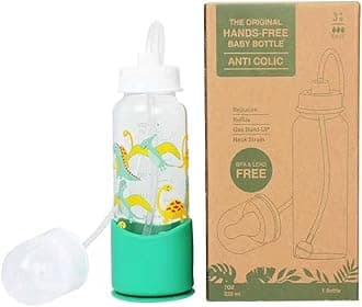 Hands-Free Baby Bottle - Anti-Colic Nursing System 7 oz Glass Baby Bottle with Fast Flow Nipple/Teat 3m+ with Tube Straw Feeding System for Toddler (1 Bottle - Dinosaur)