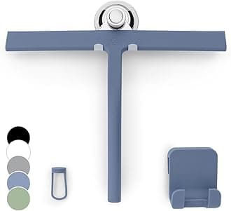 GÜTEWERK Silicone Shower Squeegee for Glass Doors & Mirrors with Stainless Steel Core, Streak-Free & No-Squeak Window Cleaning, 3-in-1 No-Drill Mount (Hook/Suction/Adhesive),Blue, 11 Inches