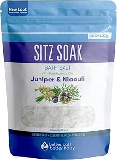 Hemorrhoid Sitz Bath Soak 2 Pounds Size (32 Ounces) - Epsom Salt With Juniper Niaouli Essential Oils And Vitamin C Crystals - Bath Salts For Hemorrhoid Treatment - All Natural No Perfumes No Dyes