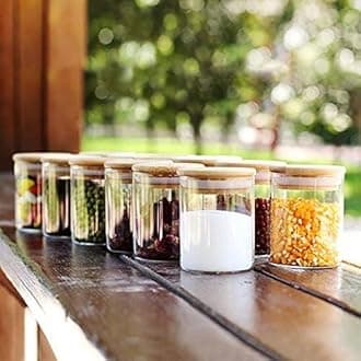 Vency Glass Jars Set With Bamboo Airtight Lids, Food Cereal Storage Containers For Home Kitchen Tea Herbs Pasta Coffee Flour Herbs Grains, Transparent, Set Of 6, 220Ml