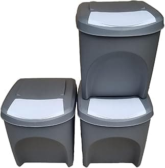 Stolmet Large Stackable Recycling Bins Set of 3x25L (Brand KrysGo) - Customizable Lids with Recycling Stickers - Waste Sorting for Home, Kitchen, Office (Grey + White)