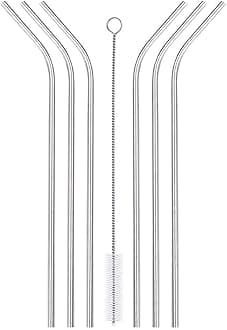 Stainless Steel Reusable Straws, 10.5-inches Curved Metal Straw for Drinking Hot and Cold Beverages, Set of 6 Metal Straws, Cleaning Brush Included - Simply Green Solutions