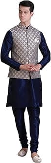 Men's Silk Blend Regular Kurta Churidar Pyjama with Bundi Nehru Jacket/Waistcoat