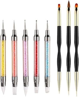 5PCS Dual-Ended Nail Art Sculpture Pen Dotting Tools with 3PCS Nail Painting Brushes, Silicone Nail Polish Brushes Stainless Steel Carving Drawing Tool, Acrylic Rhinestone Handle