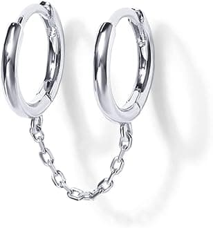 PAVOIPAVOI 14K Gold Chain Earrings for Women | Double Piercing Dangle Chain Huggie Hoop Earrings | Cubic Zirconia Pearl Stud Ear Cuff Earrings for Women