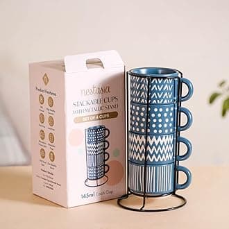 - Stackable Ceramic Cups Set of 4 (100 ml) | Microwave & Dishwasher Safe Tea & Coffee Cups with Glossy Finish | Ideal for Gifting (Printed Blue with Stand)