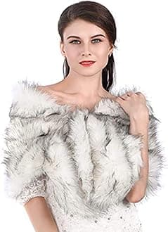 Aukmla Women's Wedding Faux Fur Wraps and Shawls Bridal Fur Stoles Scarf with Rhinestones Brooch for Bride and Bridesmaids