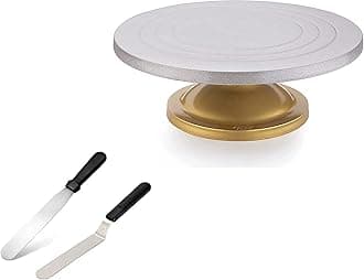 TEX-RO Cake Decorating And Icing Turntable/Serving Stand, Signature Edition 360° Smooth Rotating Cake Stand, Silver Top & Golden Bottom, 12 Inch Diameter Fiber Cake Turntable With Palate Knife (Round)