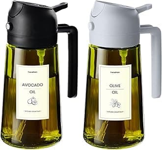 TrendPlain 470ml Olive Oil Spray Bottle - 2 in 1 Olive Oil Dispenser Bottle for Kitchen Accessories - Kitchen Gadgets, For Air Fryer - with Stickers, Light Blocking - Black & Ash