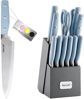 hecef Kitchen Knife Block Set, 14 Pieces Knife Set with Wooden Block & Sharpener Steel & All-purpose Scissors, High Carbon Stainless Steel Cutlery Set (Blue)