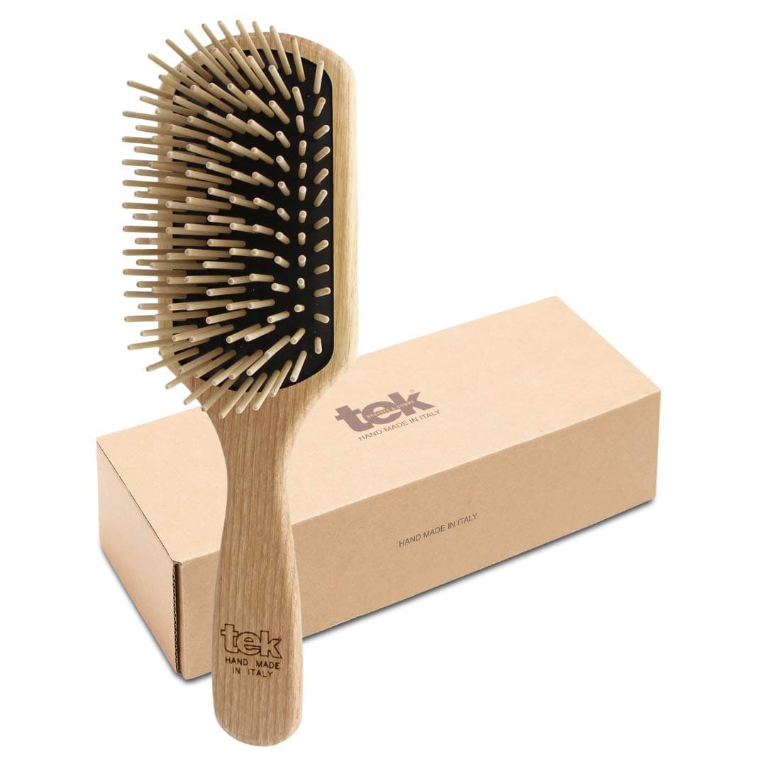 TEK - Rectangular Ash Wood Brush with Long Teeth Handmade in Italy for Long, Thick and Straight Hair - 22 x 6.5 cm