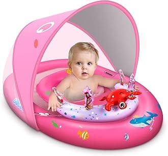 LAYCOL Baby Pool Float with Canopy UPF50+, 120°Adjustable Sun Protection and Anti-Tip Safety Seat, Inflatable Toddler Floaties Infant Pool Float with Animal Pool Toys, Baby Beach Essentials for 6-36M