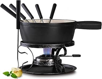 Artestia Cast Iron Fondue Pot Set for Cheese & Chocolate, Fondue Set for 6 with Burner & 6 Forks, Swiss Fondue Pot for Party, Family & Gift, Black