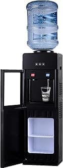 5 Gallon Top Loading Hot/Cold Water Cooler Dispenser - 3 Temperature with Hot, Room & Cold Spouts, and Transparent Door Panels & Storage Cabinet, Removable Drip Tray Suitable for Home Office Black