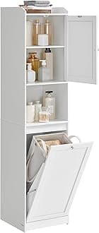 VASAGLE Tall Storage Cabinet, Storage Unit with Removable Laundry Basket, Compartment and Cabinet, for Bathroom, Living Room, 15.8 x 15.8 x 66.9 Inches, Cloud White UBBC761W01