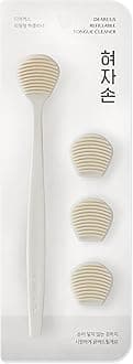 DEARCUS Tongue Scraper with 3 Replaceable Heads for Up to 9 Months - Soft BPA-Free TPE Tongue Cleaner, Designed to Reduce Gag Reflex, Helps Freshen Breath & Remove White Coating (White)