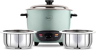 Pigeon Inox Rice Cooker with Double pot, 1.8 litres | Stainless Steel Lid | 700 Watts | 2 Steel Cooking Pot | Measuring Cup | Spatula | Energy Efficient Cooking