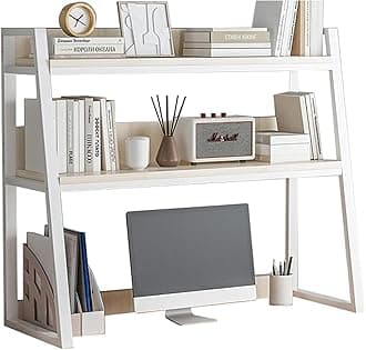 Dorm Desk Hutch,Ladder Desktop Bookshelf,2-Tier Computer Desktop Bookcase,Desk Hutch Top Only,Desk Organizer Shelf,Multipurpose Desktop Display Rack for Dorm Office Home(37x13x35inch, White)