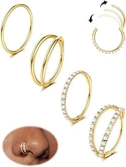 4PCS 18G Nose Rings Hoops, Surgical Steel Earrings Tragus Septum Piercing CZ Clicker Ring, Hinged Segment Conch Lip Cartilage Double Hoops 8mm 10mm for Women Men