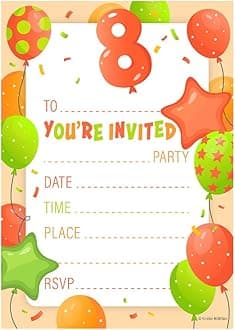 Kirsten McMillan 32 Orange Age 8 Birthday Party Invitations for Kids with Envelopes - Pack of 32 Balloon Party Invites for Girls & Boys - Designed and Printed in the UK