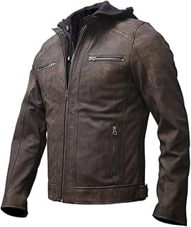 Mens Genuine Lambskin Leather Motorcycle Jacket with Removable Hood in Black Brown