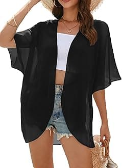 FINOCEANS Womens Floral Chiffon Kimono Cardigans Loose Beach Cover Up Half Sleeve Tops