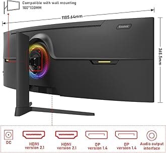 Gawfolk 49-inch Ultra-Wide Curved 1500R Gaming Computer Monitor, DFHD (3840×1080), 165Hz, 1MS, FreeSync, 120% sRGB, Height Adjustable PC Screen, HDMI2.1 & DP1.4, Compatible Wall Mount 100*100mm-Black