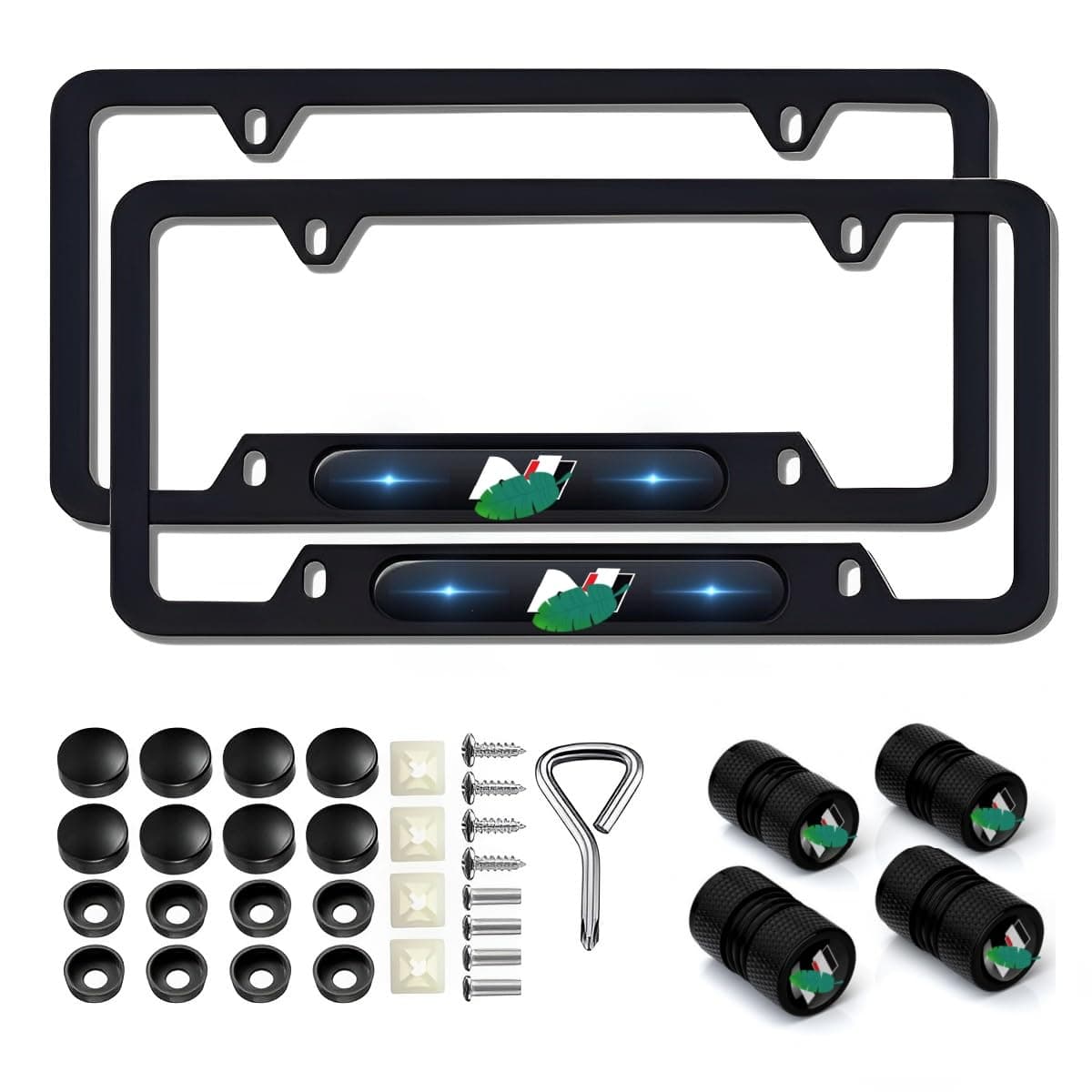 2 Pcs Black License Plate Frames and Same Pattern tire Valve stem caps Compatible with N line Metal Aluminum Material License Plate Covers Screw caps Cover Set