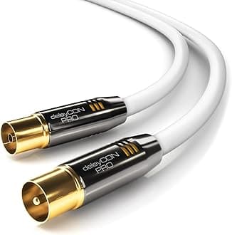 deleyCON 1.5m (4.92 ft.) TV Antenna Cable Coaxial Cable Gold-Plated TV Connector Straight Metal Connector UltraHD 4K FullHD 1080p HDTV 100dB - White