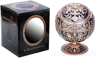 LAUYOO Windproof Ashtray with Lid for Cigarettes Metal Portable Cigar Ashtray Odor Eliminator for Indoor outdoor Hand Stamped Rose Pattern with Sparkle Fancy Gift for Men Women (Navy Blue-Red Copper)