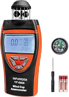 Handheld Wind Cup Anemometer,INFURIDER YF-8806 Digital Wind Speed Gauge Meter Shows Wind Temperature,Max/Min/Avg Air Volume,Wind Velocity/Direction w/Compass for HVAC Weather Monitoring