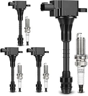 UF351 Ignition Coil & 4505 Double Iridium Spark Plug for 2001-2005 Nissan Almera,2002-2006 Sentra 1.8L L4 Replaces# 22448-6N015 22448-6N011 C1397 5C1394 (Set of 4)