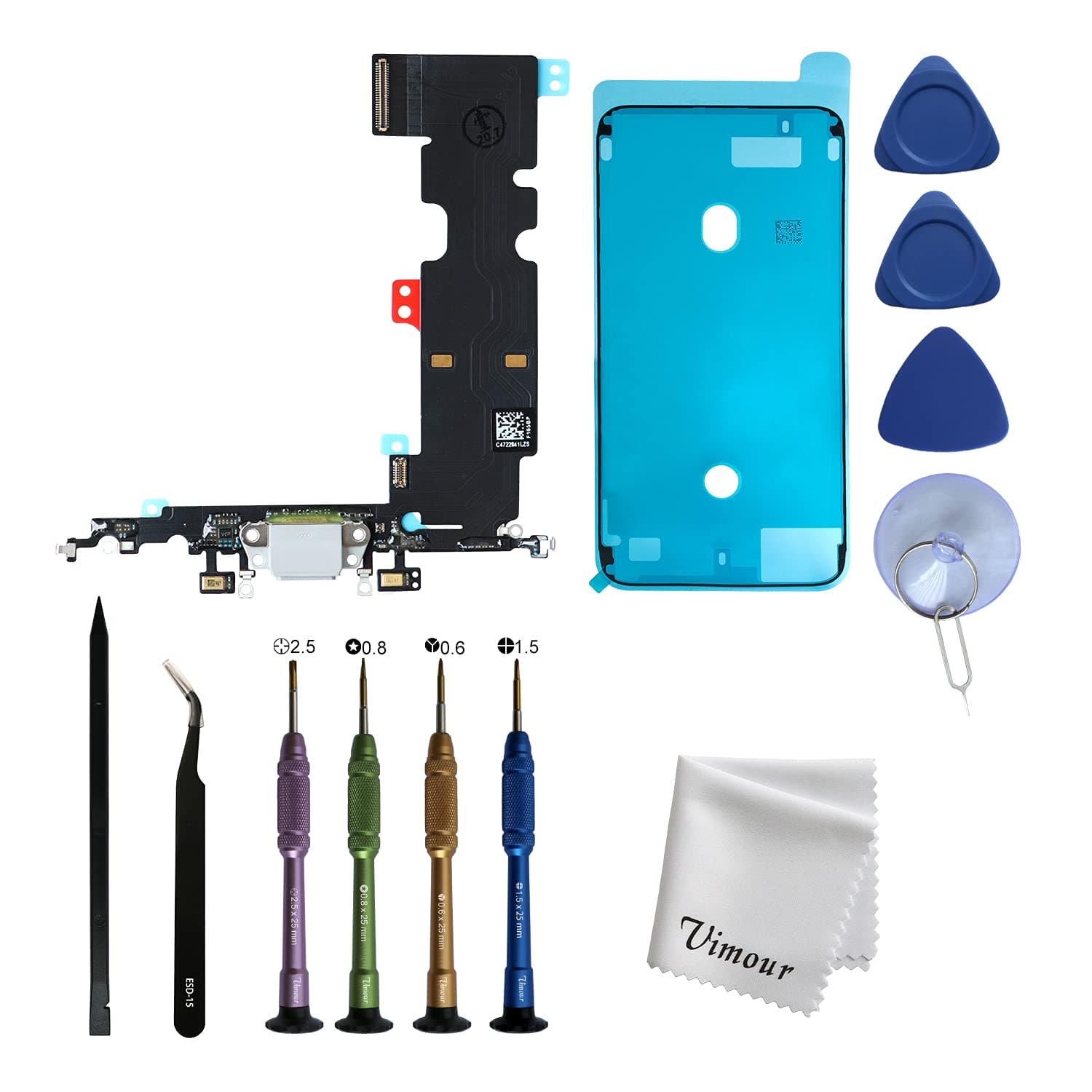 Vimour Charging Port USB Dock Connector Flex Cable Assembly Replacement for iPhone 8 Plus 5.5 inches with Premium Toolkit and LCD Adhesive Tape (White)