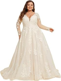Miao Duo Women's White Plus Size Bridal Gown Lace Tulle Long Sleeves Wedding Dress for Women White 24W