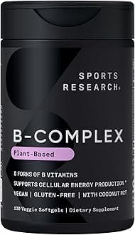 Sports Research® Vitamin B-Complex - Full Spectrum of B Vitamins with Methylated B12 & Folate - Gluten Free · Plant-Based · Non-GMO · Vegan-Friendly Formula - 120 Veggie Softgels