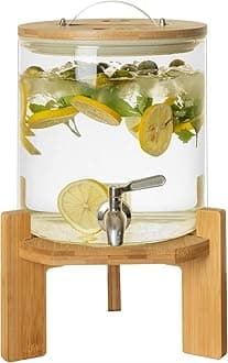THE WHITE SHOP Drink Dispenser, Glass Drink Dispenser with Stand, Drink Dispenser for Parties, Beverage Dispenser with Stand, Wood Stand 5L Iced or Hot Beverage Dispenser，7.9×7.9×12.6in