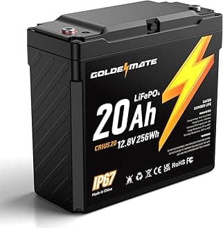 GOLDENMATE 12V 20Ah LiFePO4 Battery, IP67 Waterproof, 12V Lithium Battery w/ 5000+ Deep Cycles, Built-in BMS, Premium Lithium Iron Phosphate Cell, Ideal for Solar, Marine, Fishfinder, Off-grid camping