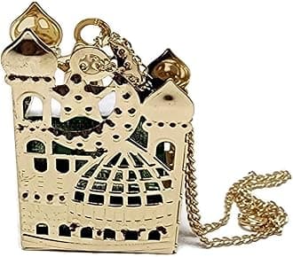 Al-Ameen Muslim Gift Islam Car Rear Mirror Hanging Decorative Ornament Vehicle Decor AMN-356 Mini Al-Quran in Metal Cage Masjid Mosque Design Pendant Ramadan Eid (Gold/Green)